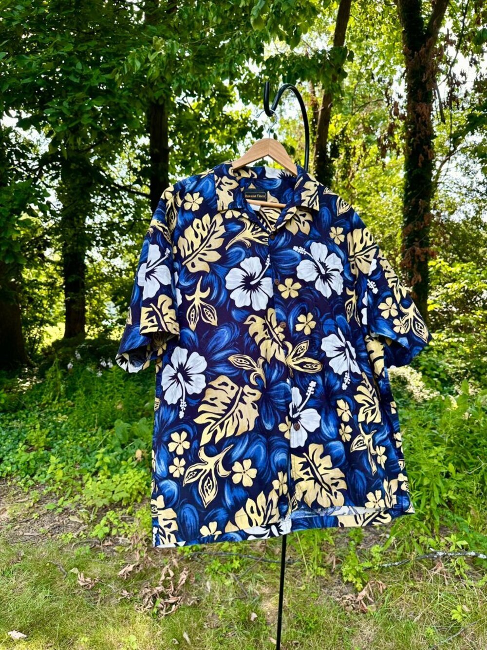 Vintage Hawaiian Flavor 2XL Blue Gold White Hibiscus Button Short Sleeve